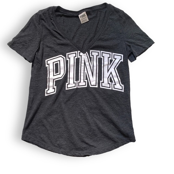 PINK Victoria's Secret Tops - Victoria Secret PINK XS Shirt Short Sleeve Grey & White Shirt V Neck Relaxed Fit